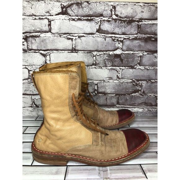 Dry-ShoD Italian Handmade Tan Leather Red Lace Up Combat Boots Men Sz 7M US/40EU